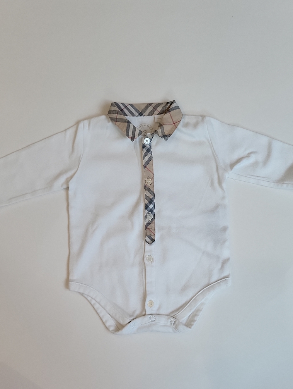 White Baby Onesie with Plaid Trim Collar